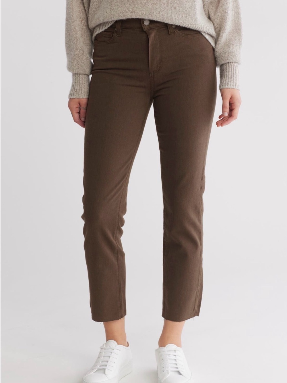 PAIGE Women’s Olive Brown Jacqueline High Waist Raw Hem Straight Leg Jeans